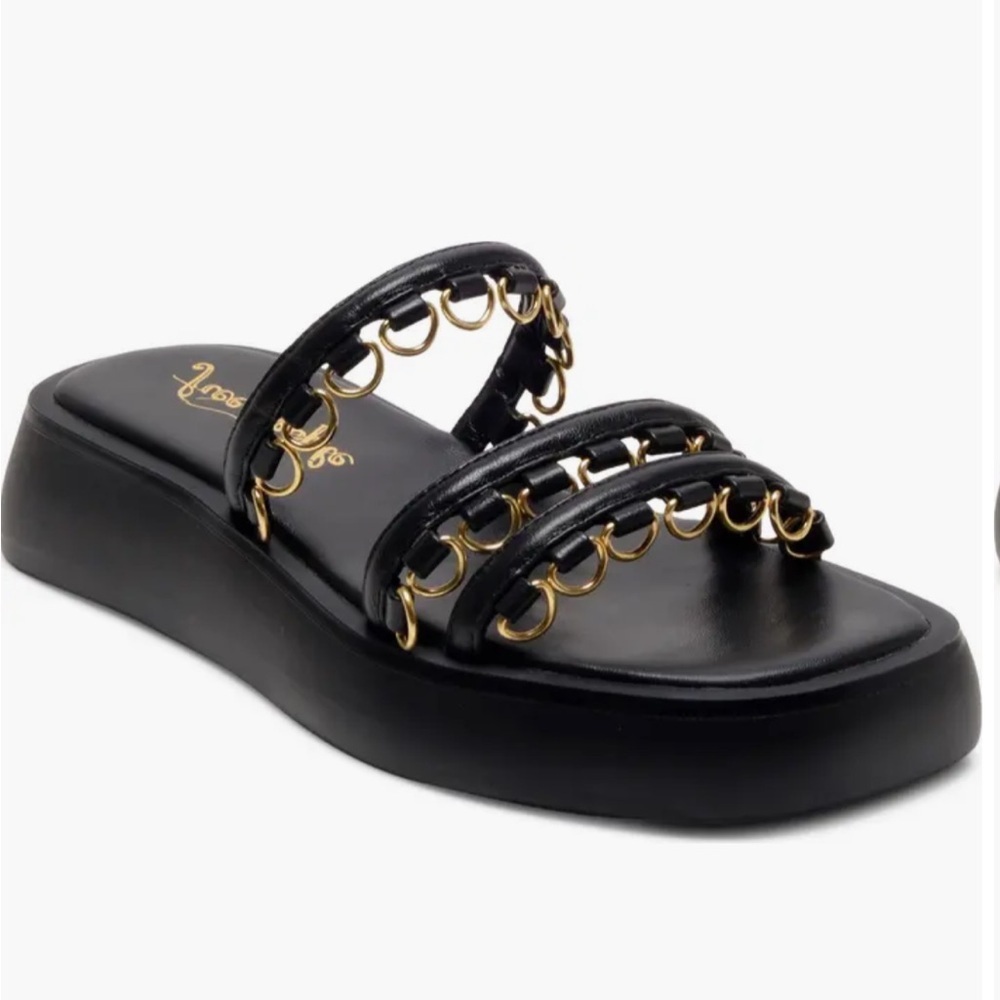 New Free People Midas Touch Black/Gold Leather Platform Sandal Size 9.5